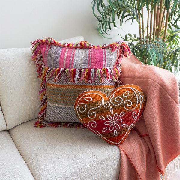 Set of 2 one-of-a-kind handmade colorful vintage pillow cover and pillow shape from sheep wool. Embroidered on different shapes and sizes.